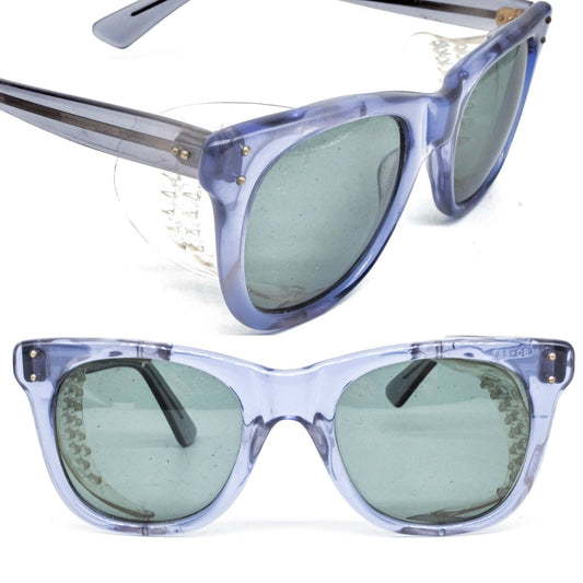 Occhiali da sole Wayfarer Baruffaldi in acetato traslucido con pannelli laterali trasparenti, new old stock anni '80 ITA