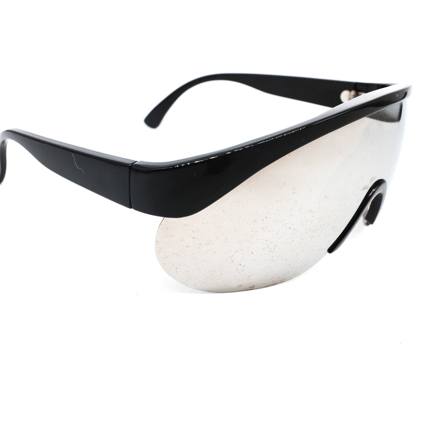 Gianni Versace black futuristic wrap sunglasses with brown mirrored shield lenses, NOs 90s Italy
