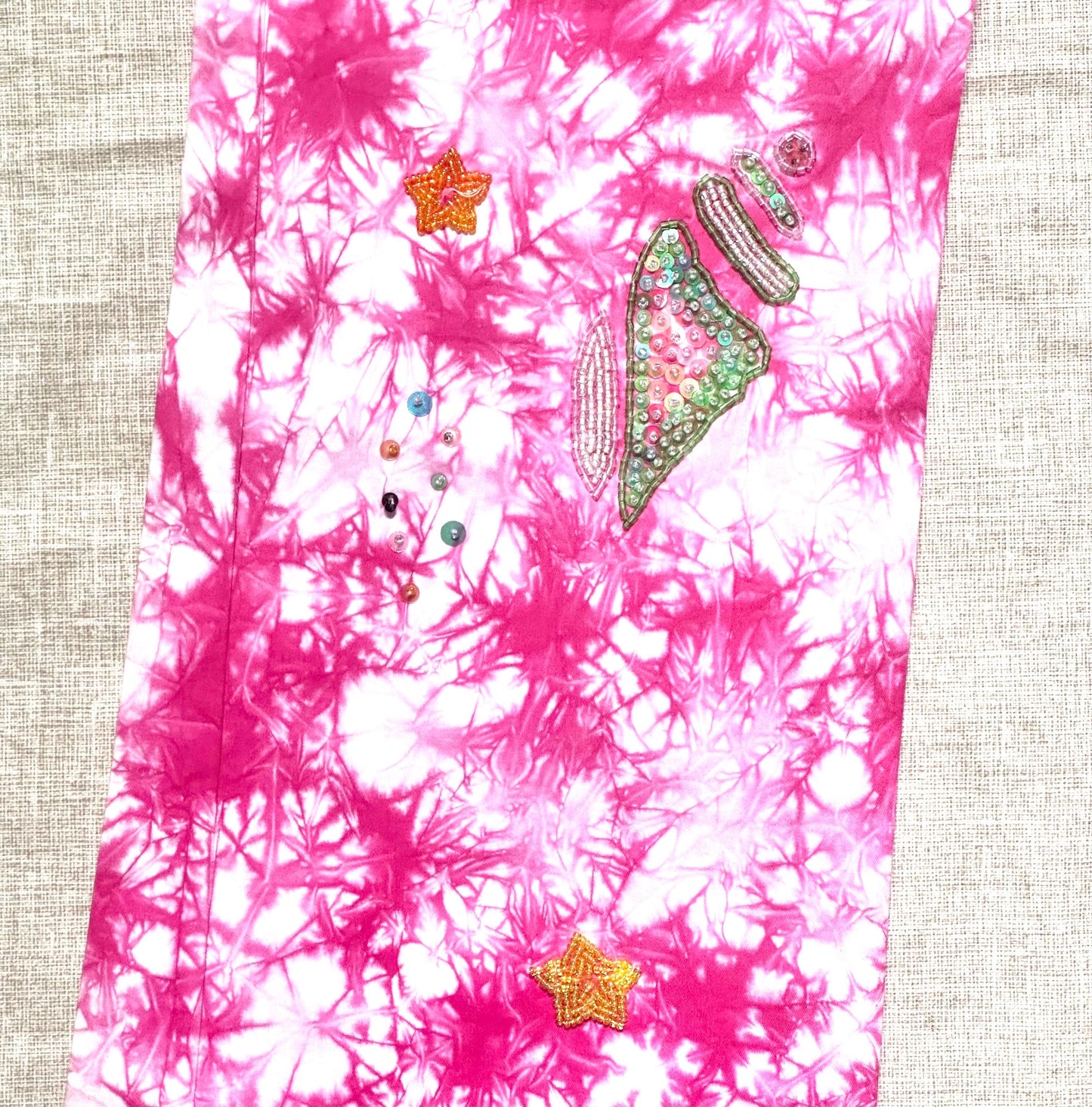 Giusi Slaviero vintage tie dye flare pink bootcut pant with bead embroidery shells, stars and aquatic animals size 42 NWT
