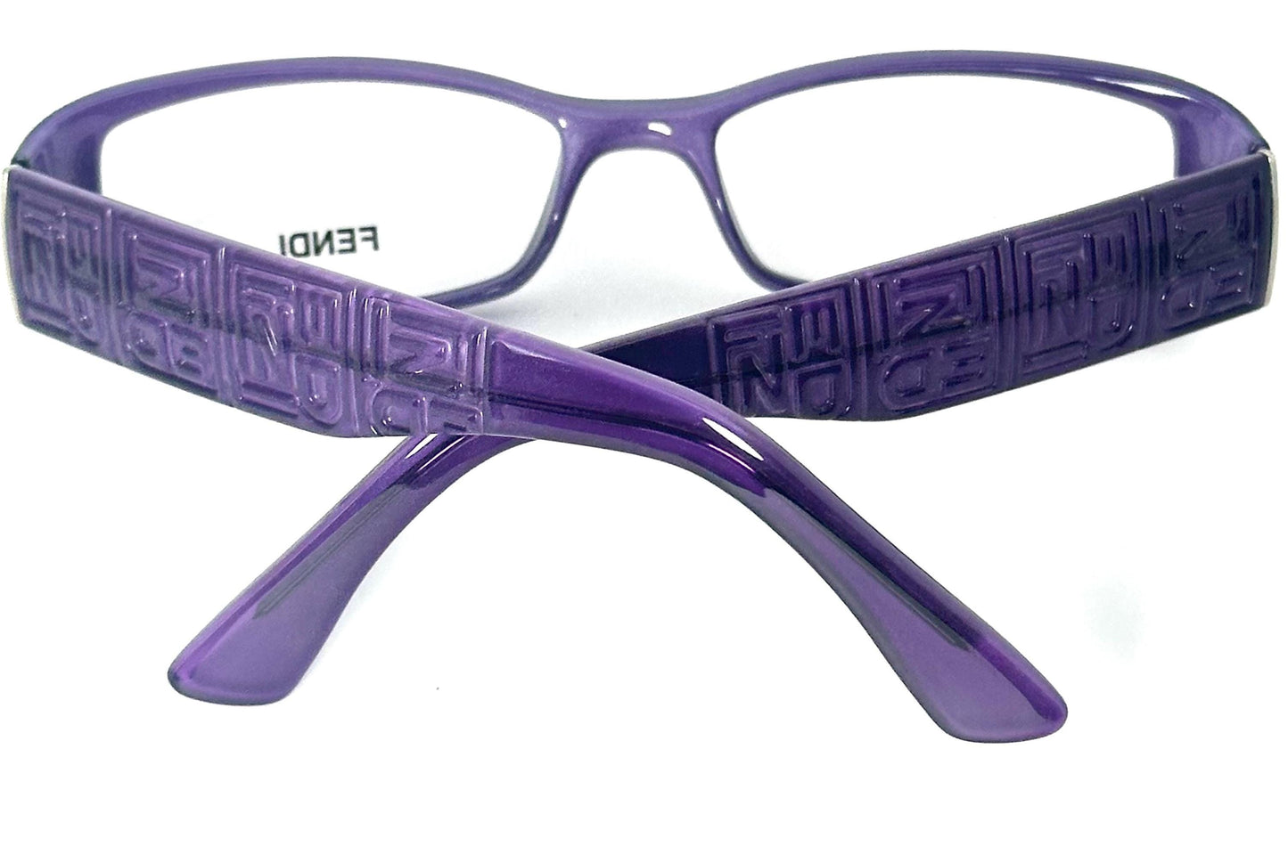 Fendi F809 sleek purple rectangle acetate frames, temples w carved monogram allover, NOS 90s mint