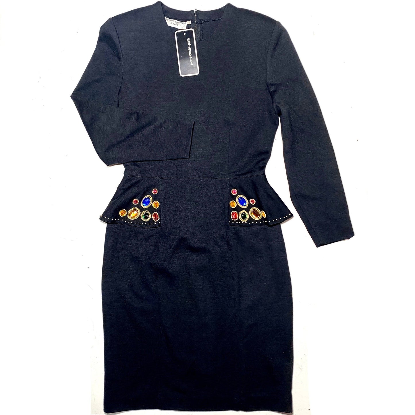 Pierre Cardin 80s NOS couture black embroidered dress made in France, with tags sz 46
