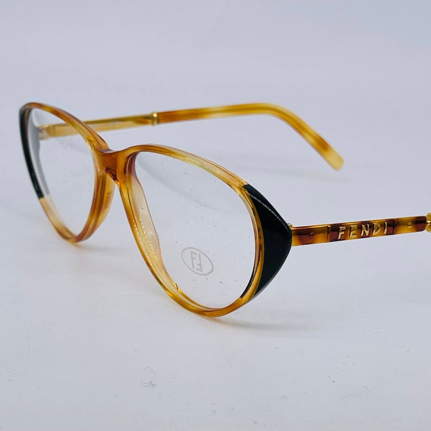 Fendi gorgeous demi blonde cello oval cateye frames w matching enameled metal temples embossed w branding, 80s NOS Italy