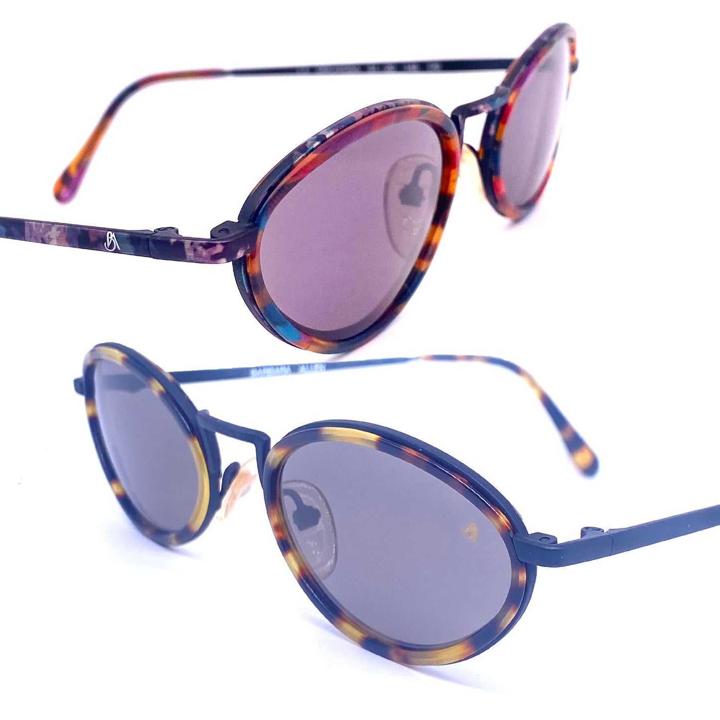 Barbara Allen oval dbl rim minimalist sunglasses w retro Styled bridge, coming in tortoise or multicolor acetate, NOs 80s