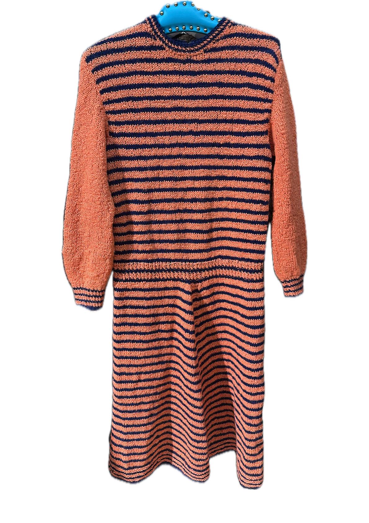 One of a kind Orange - Navy Striped hand knit maxi dress made in Italy in the 70s, in perfect condition.