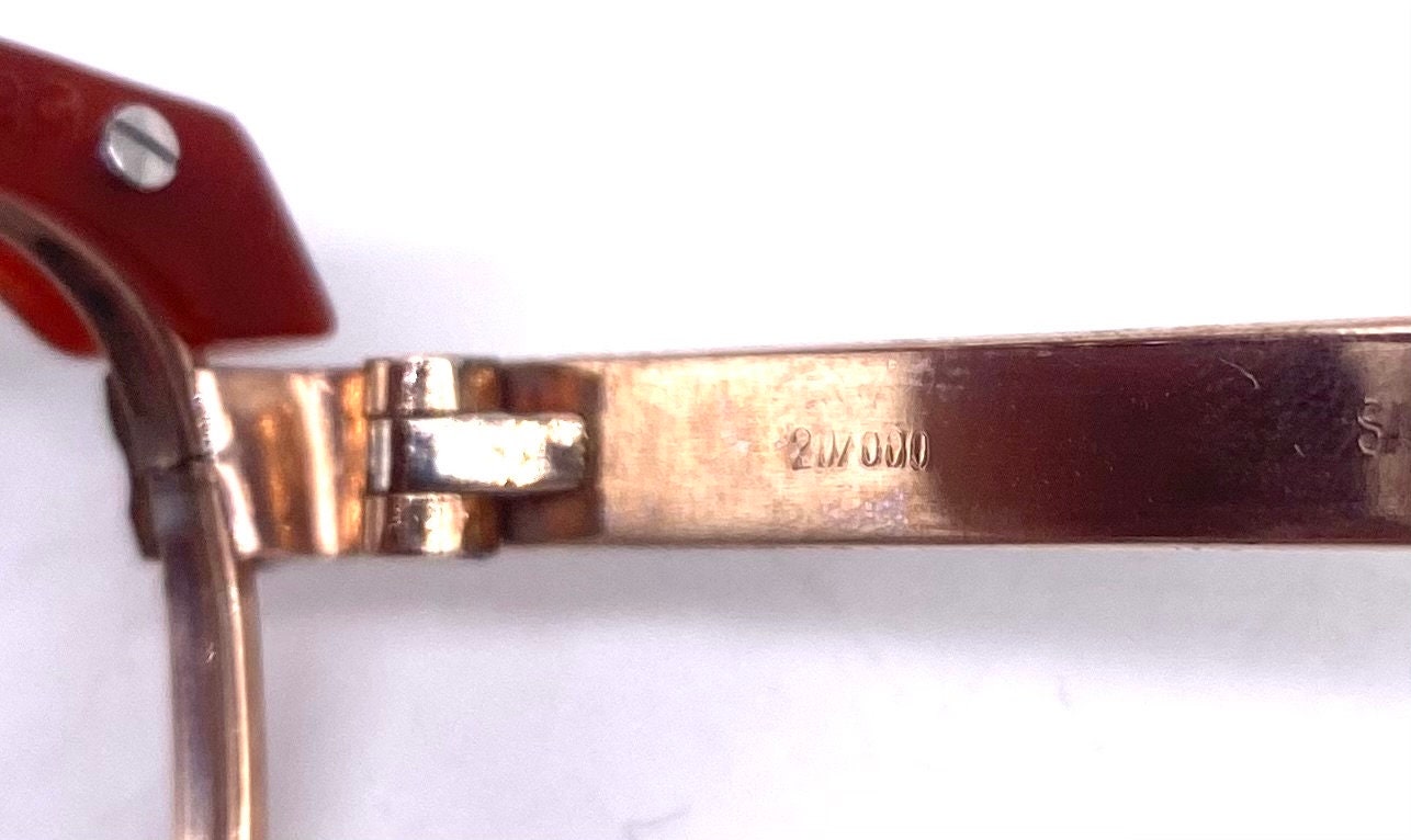 Safilo 1960s NOS square 20k gold plated eyeglasses with brick brownish red brows, mint
