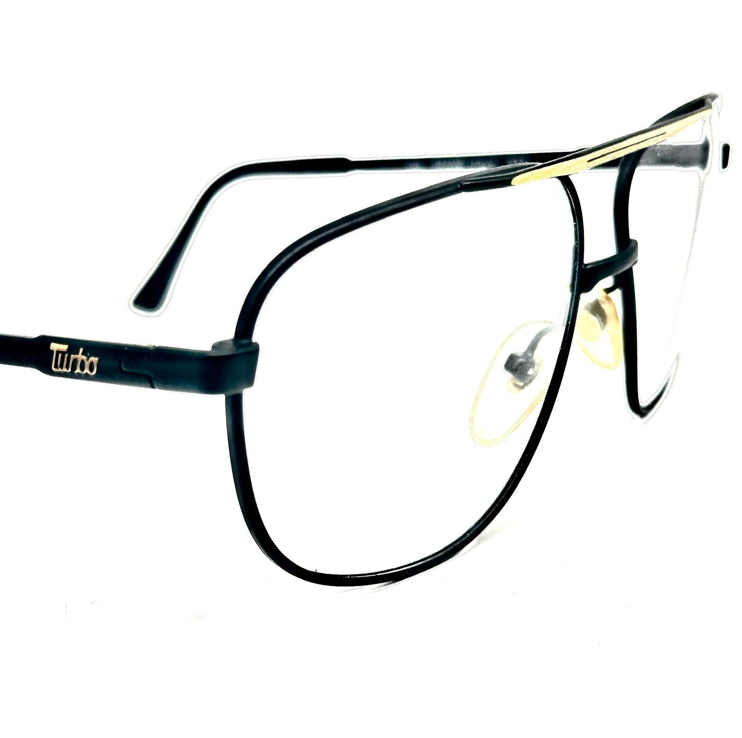 Sferoflex Turbo 679 matte black aviator eyeglasses frames with golden dbl bridge and embossed branding, NoS 80s