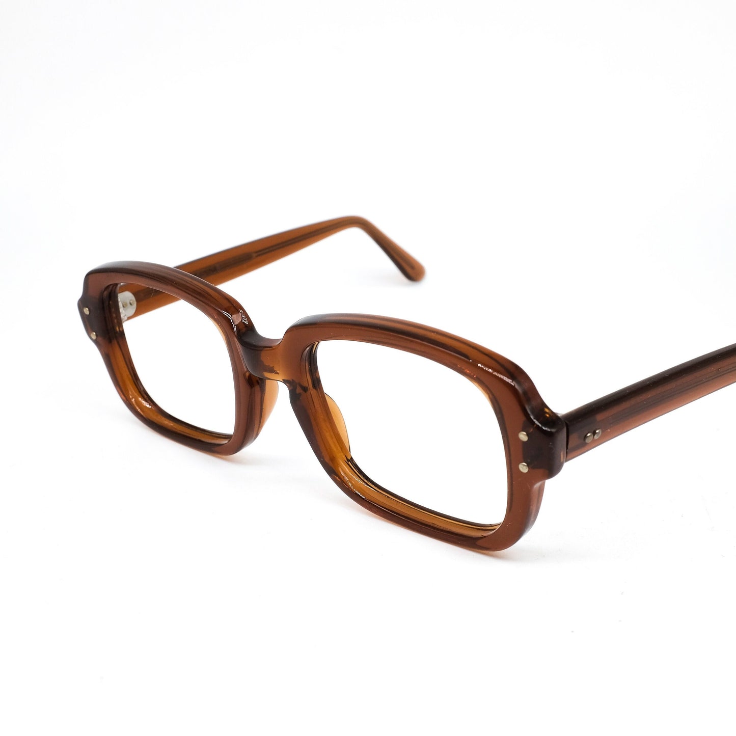 Romco US Army square brown translucent acetate glasses w silver metal pins, 1960s NOS brand new never worn