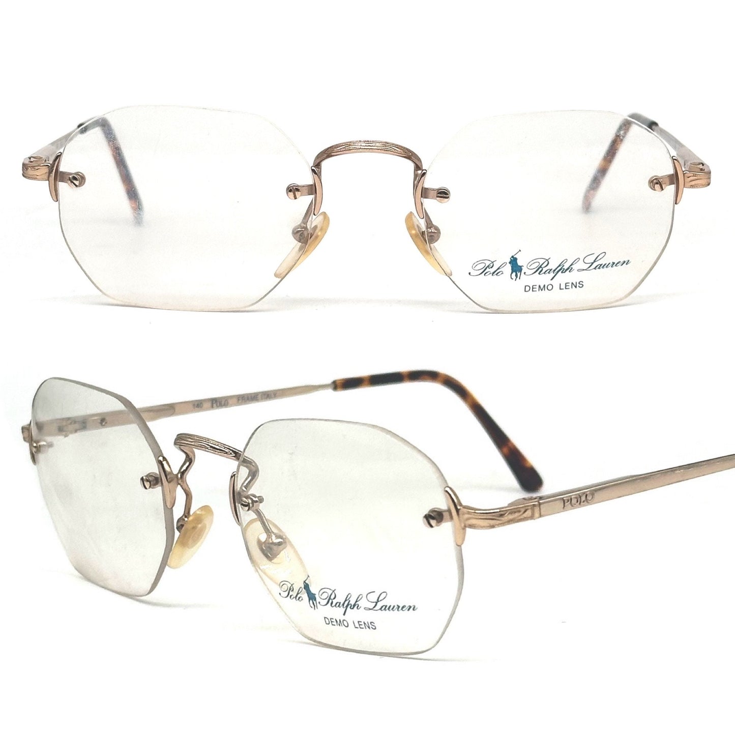 Ralph Lauren polo classic XL retro deco style rectangular rimless golden metal eyeglasses frames, 80s NOS Italy