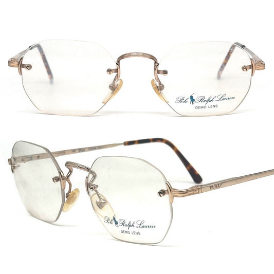 Ralph Lauren polo classic XL retro deco style rectangular rimless golden metal eyeglasses frames, 80s NOS Italy