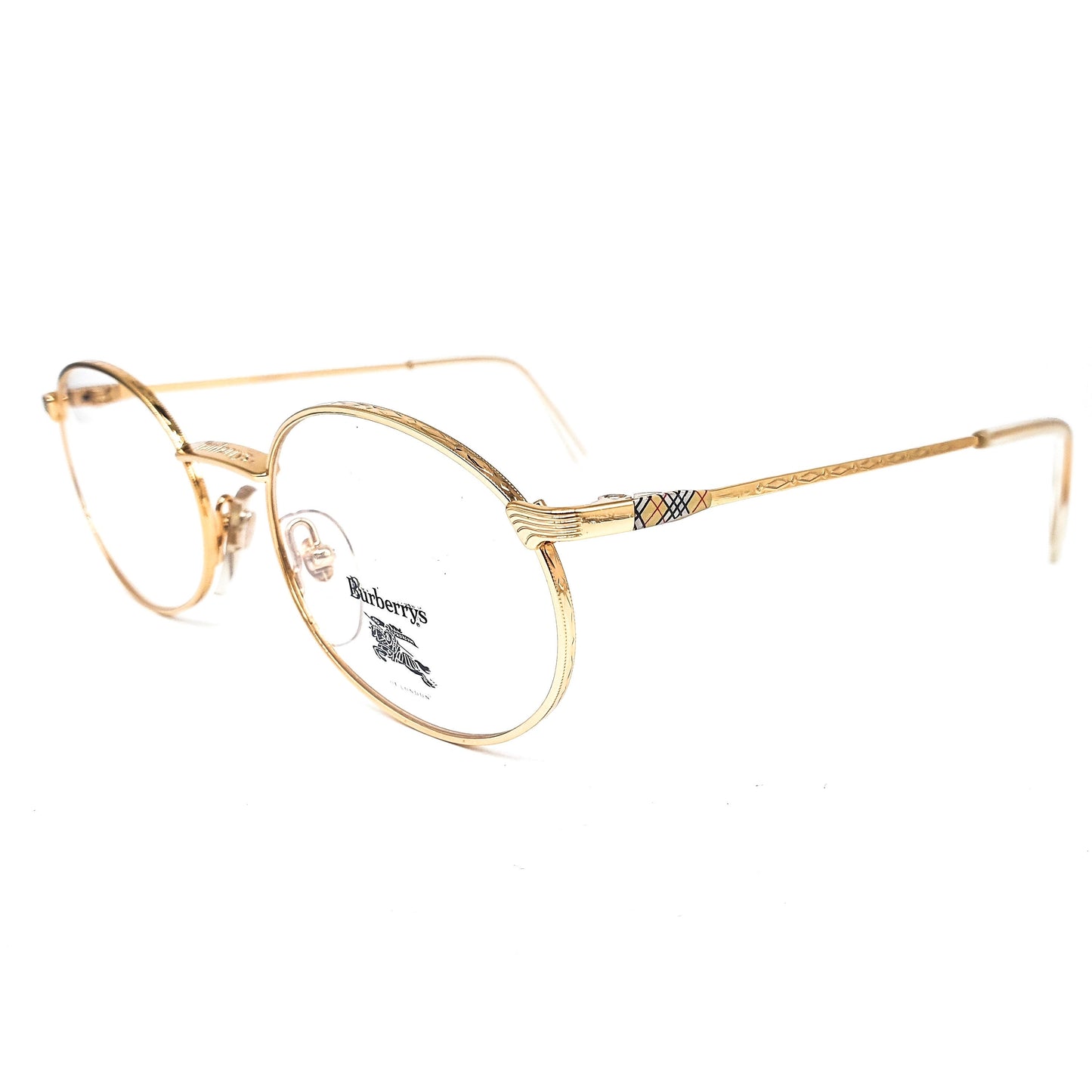 Burberrys B56-01 montature per occhiali ovali metalliche dorate moderniste vintage con classico tartan sulle aste, NOS anni '90 Francia