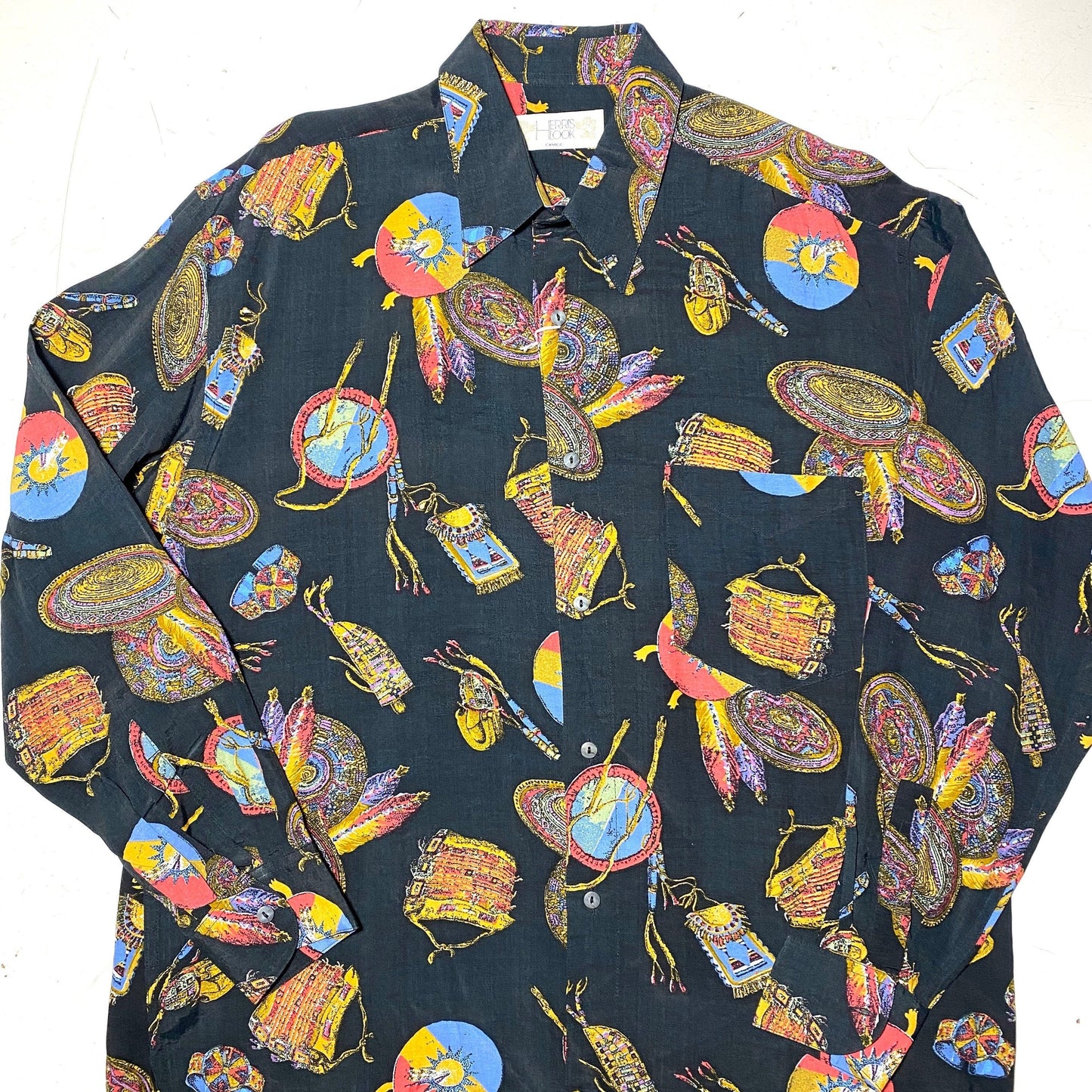 Harris Look 80s black shirt with navajo paraphernalia allover, new old stock made in Italy 2 pcs available