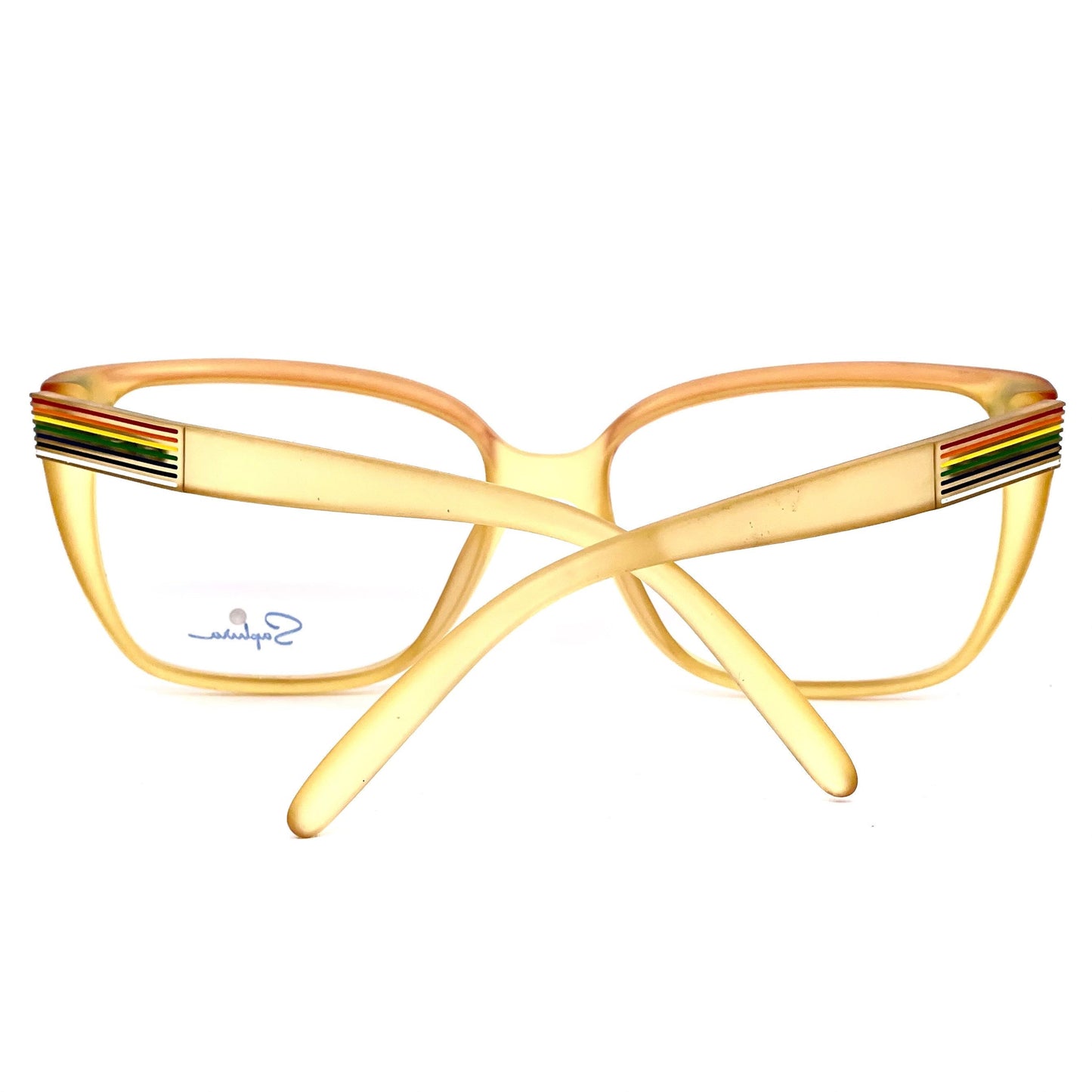 Saphira 4099 thick squared amber glasses with carved striped enameled in rainbow colors, NOS 80s