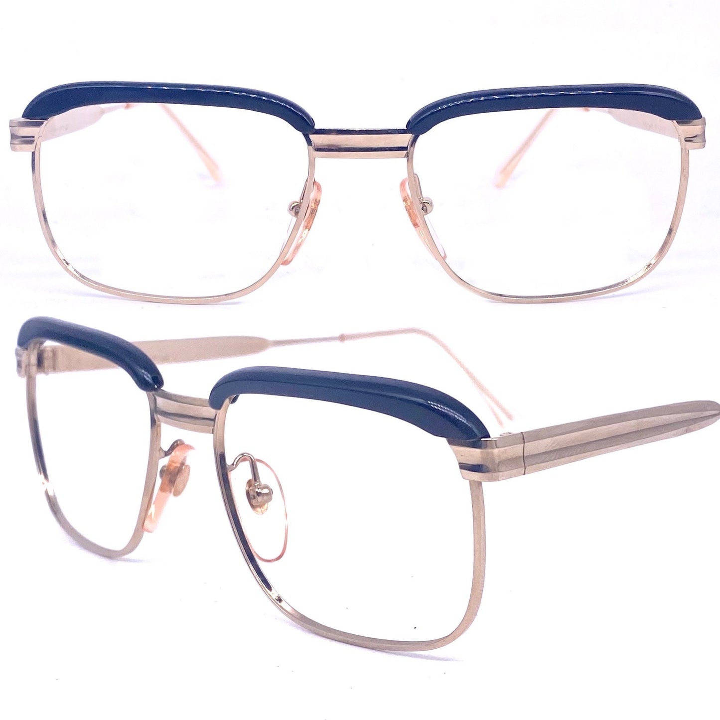 MetalVista Mario 60s iconic square gold plated black rolled brows frames, super geeky, NOS made in Italy