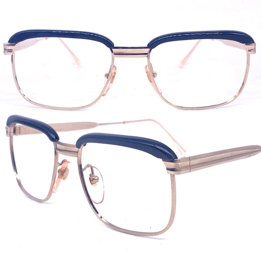 MetalVista Mario 60s iconic square gold plated black rolled brows frames, super geeky, NOS made in Italy