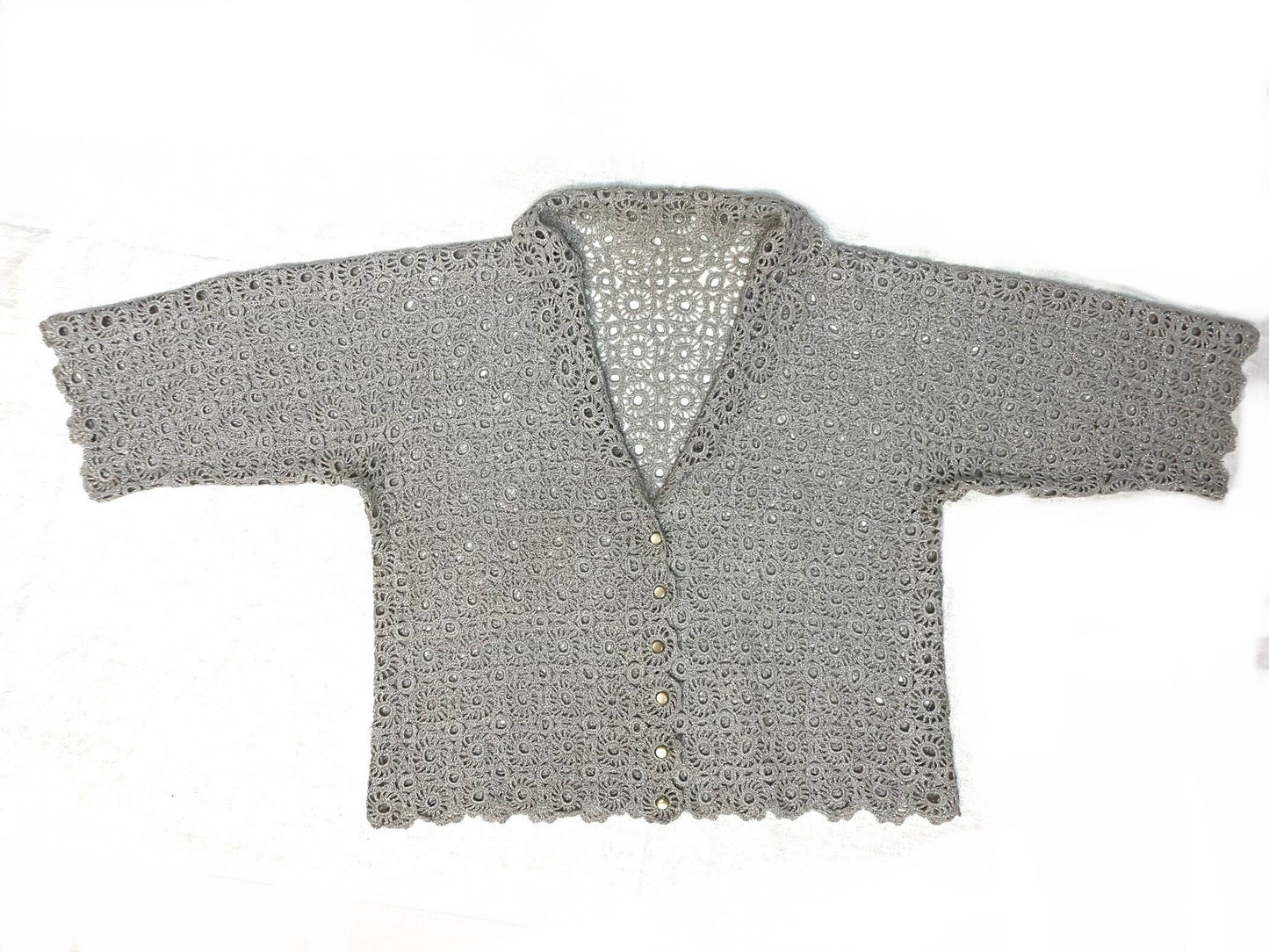 Crochet macramè grey/silver glitterswool handmade cardigan/jacket, in perfect condition and unique