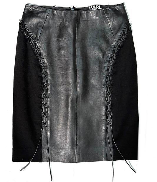 Karl Lagerfeld lambskin leather / viscose sexy skirt with laces inserts, mint; sz 40 / S
