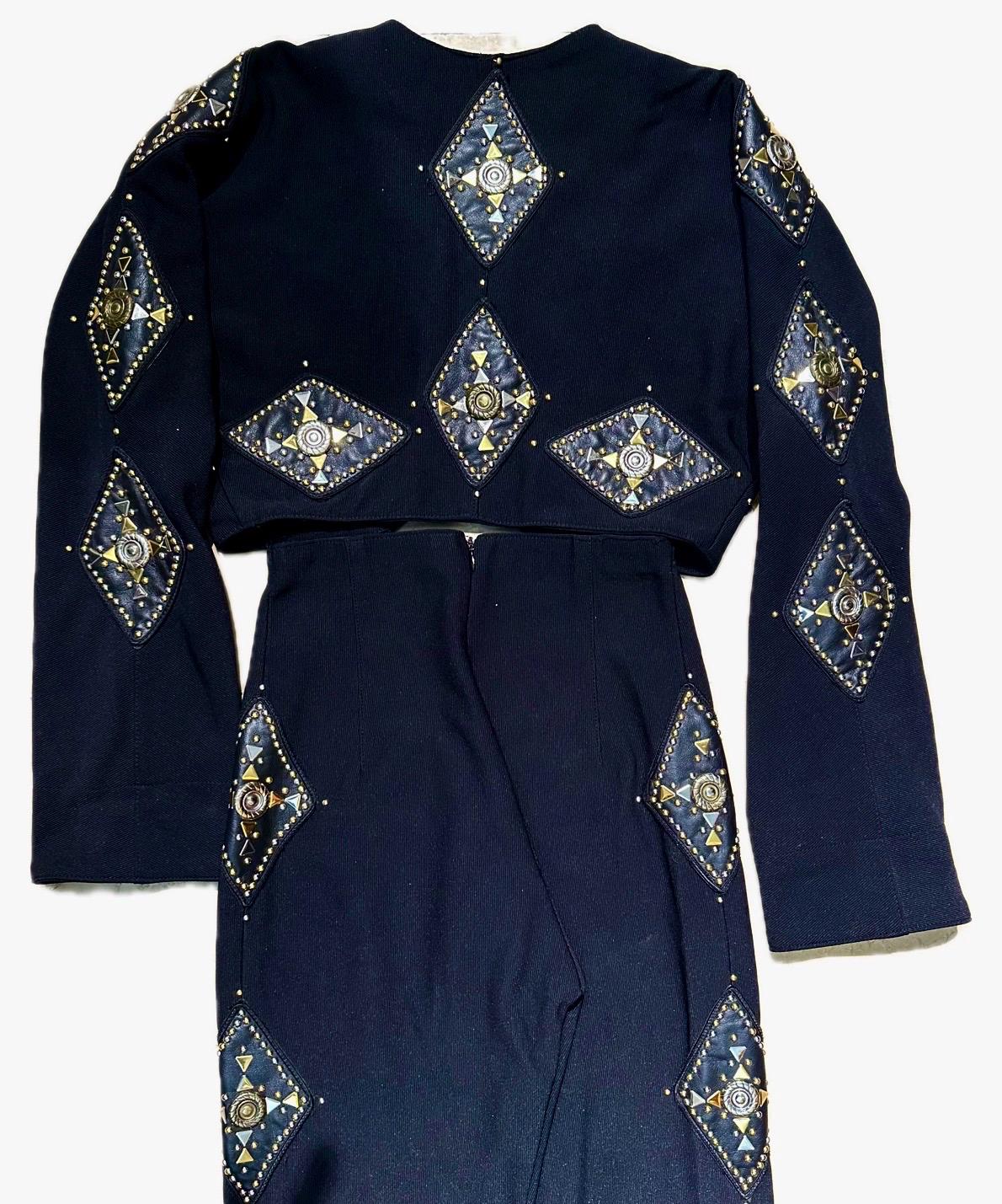 80s Paris couture set bolero and trousers in cotton/elast fully adorned w leather patches, studs & conchos, sz S/ 1