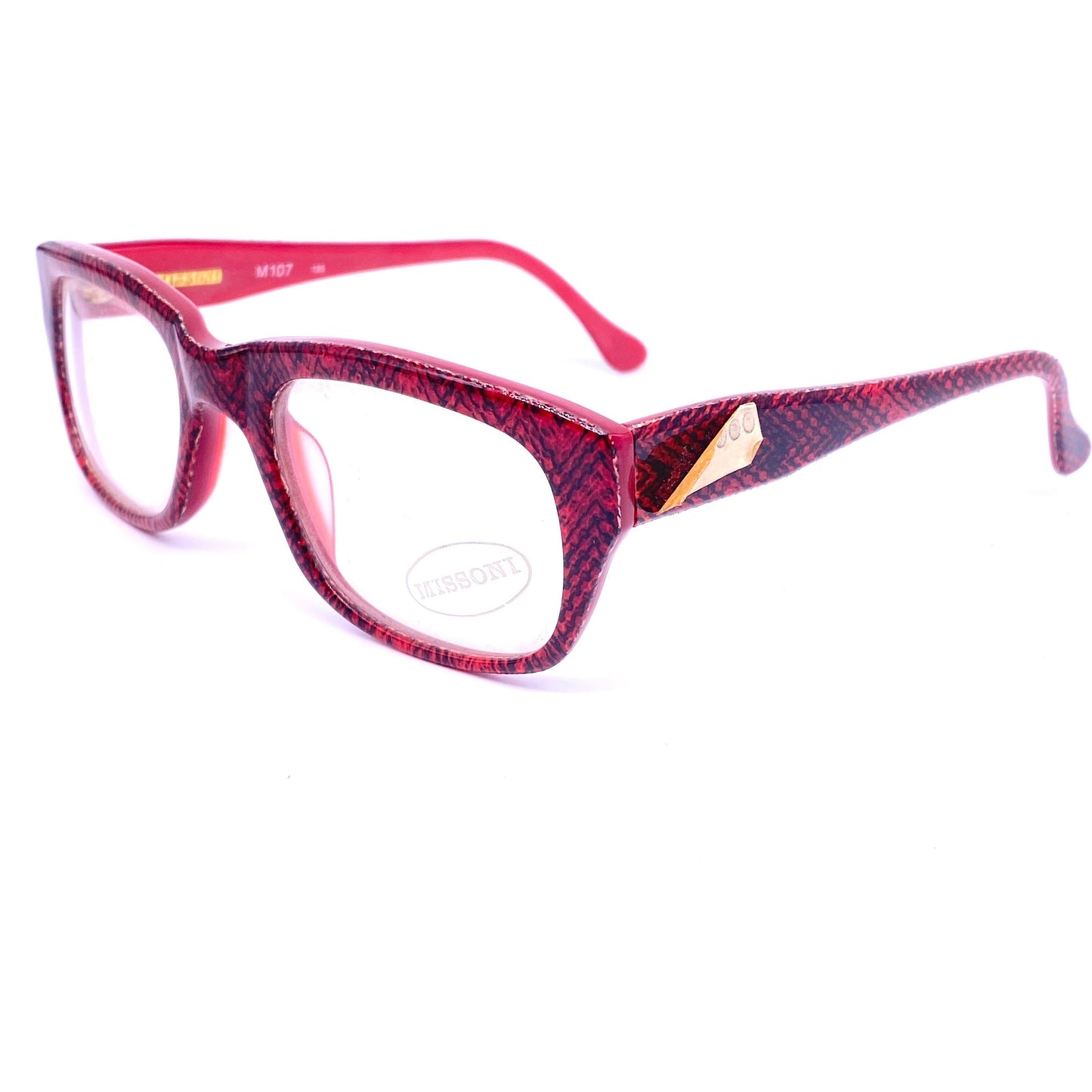 Missoni M107 iconic red chevron fabric inlaid square unisex frames, red base w black stripes, NOS 80s