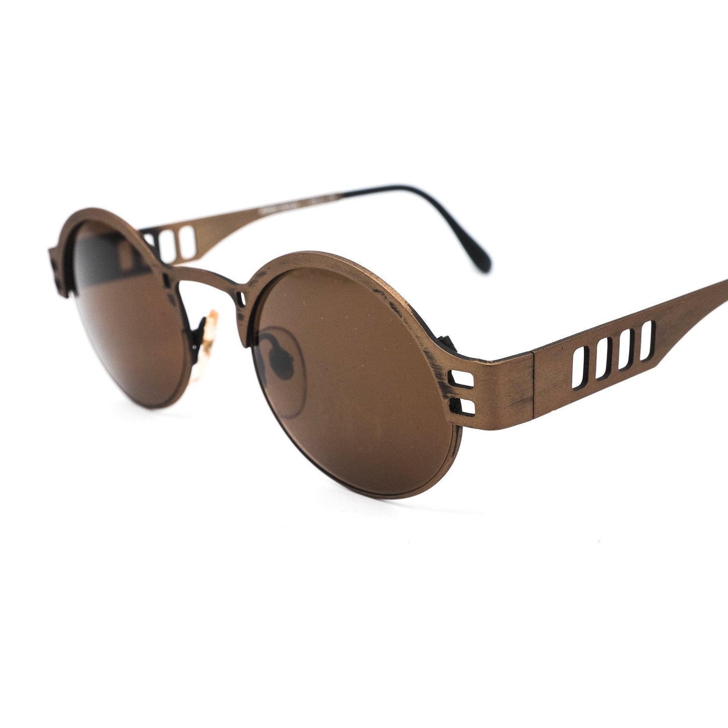 AndBad round steampunk sunglasses w cutoff detailed temples, made in antiqued brass metal , NOS 80s Italy