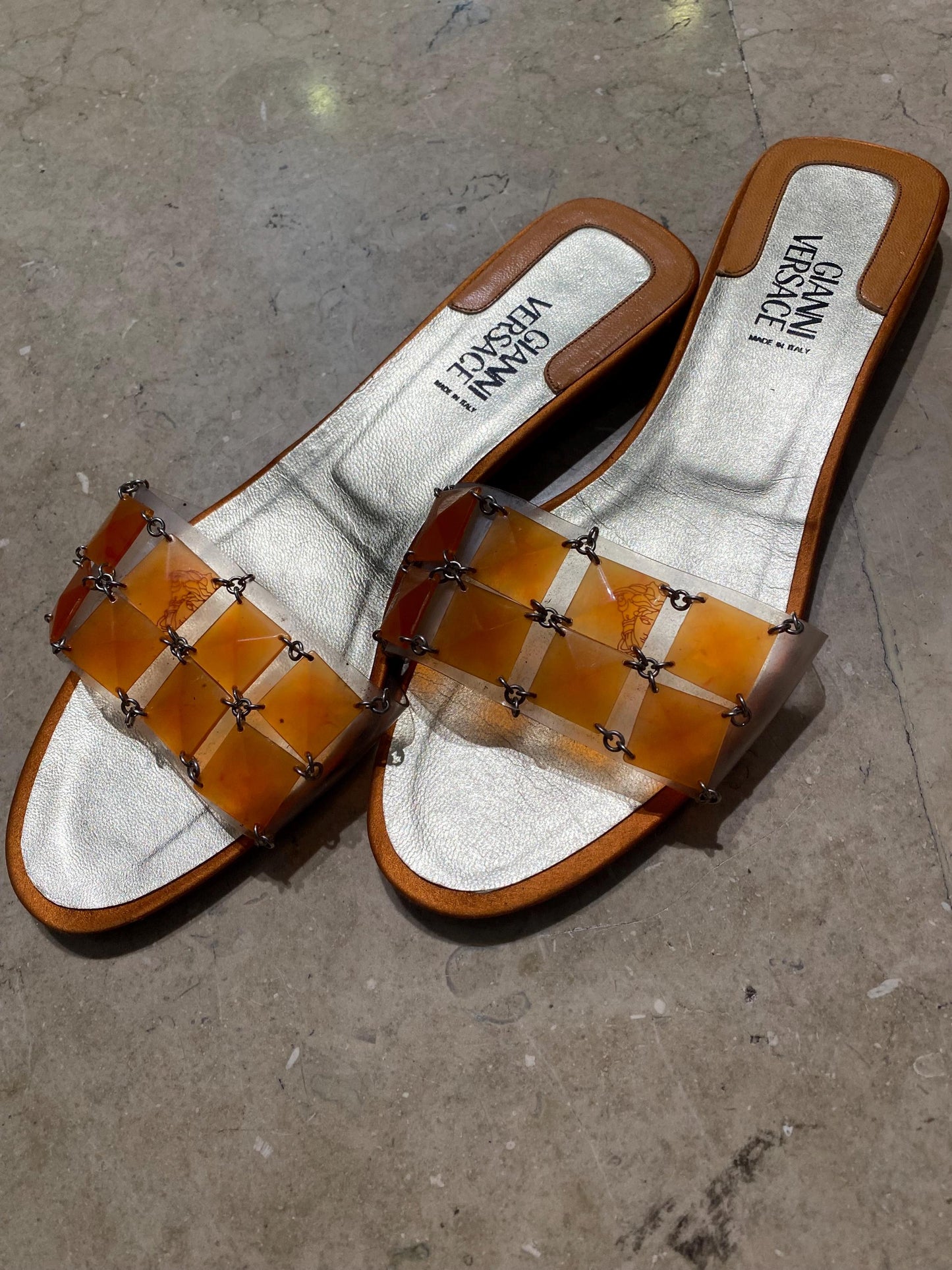 Gianni Versace slippers leather - PVC w beaded strap, almost new sz 38,5