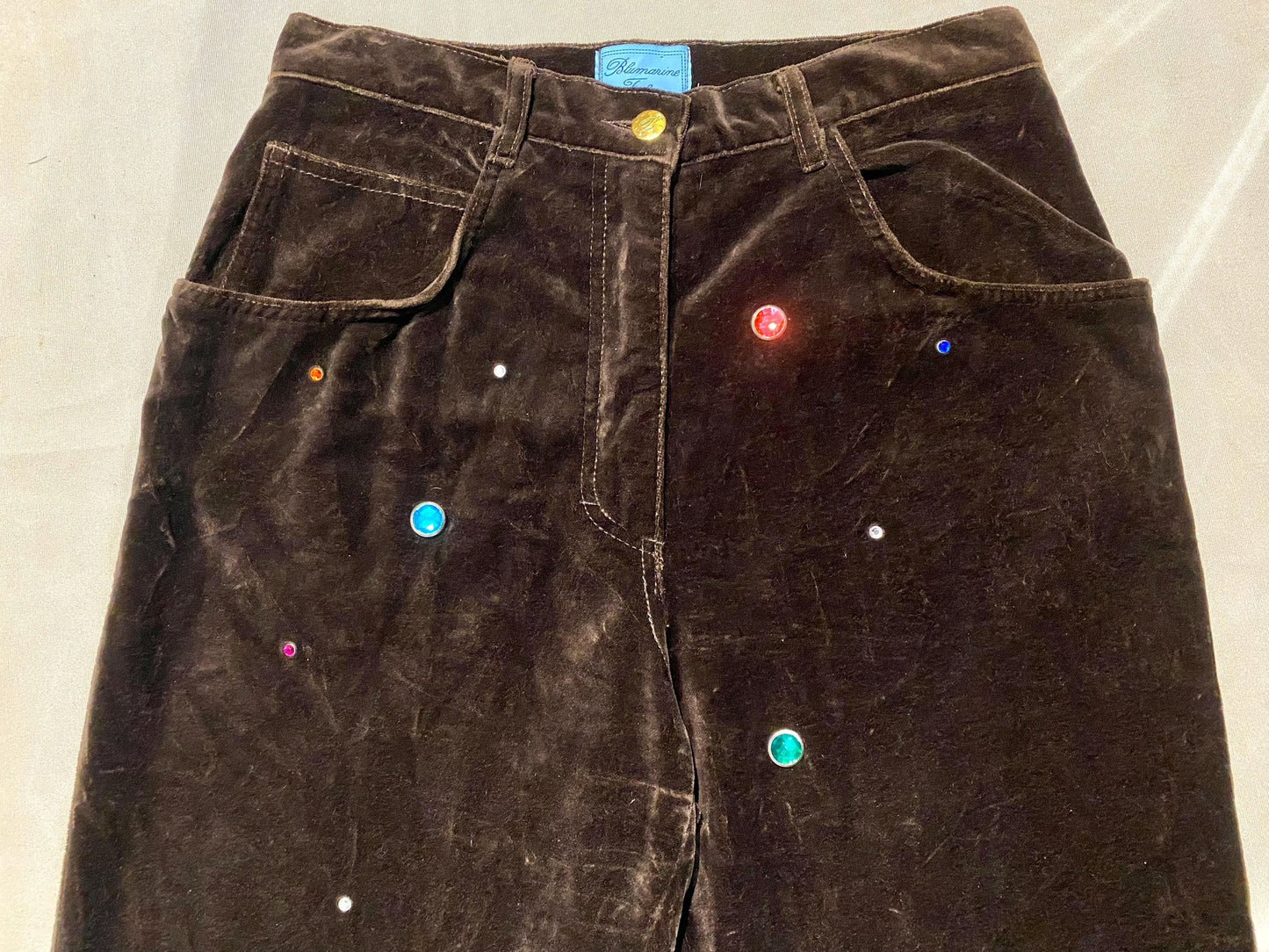 Blumarine Folies brown velour trouses w randomised colorful crystals, nos sz 46