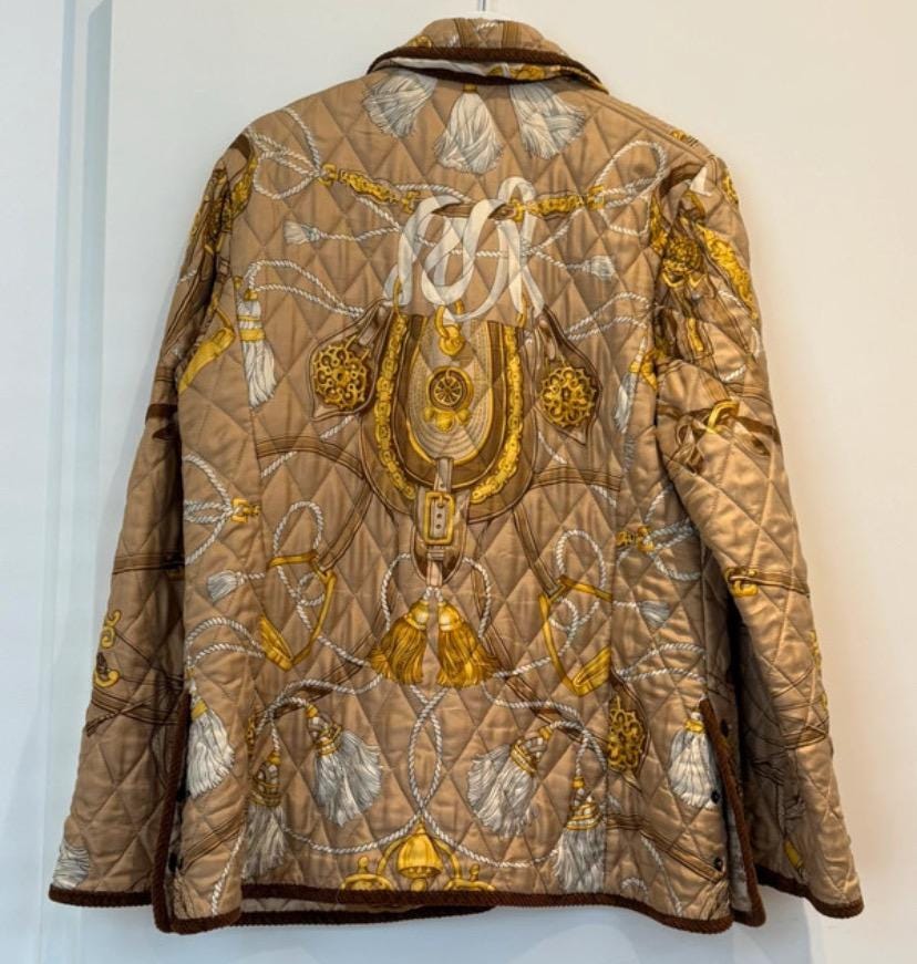 Baroque Scarf Print quilted satin husky style jacket w corduroy borders, sz S mint