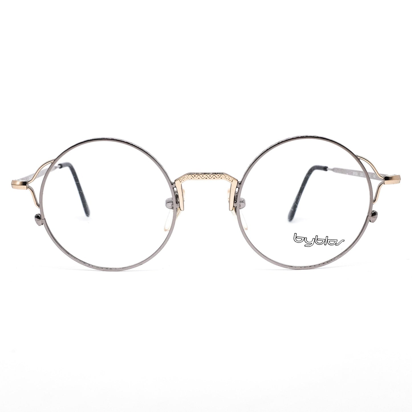 Byblos b506 vintage large metallic round steampunk eyeglasses frames in silver metal with cut off hinges and golden bridges, NOS 80s Italy
