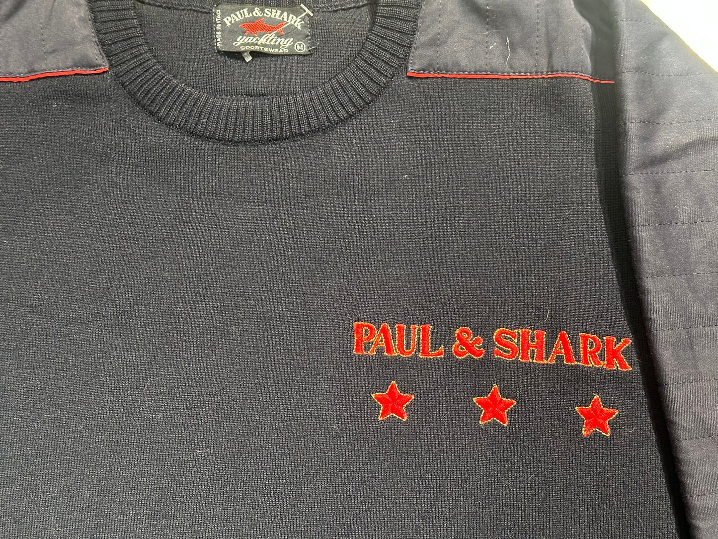 Paul&Shark iconic plain knit navy woolen jumper w logo and stars embroidery, as new, sz M