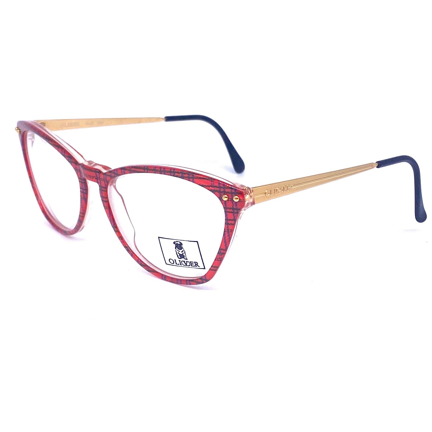 Oliver by Valentino red tartan cateye frames w keyhole bridge & golden metal temples, NoS anni '80