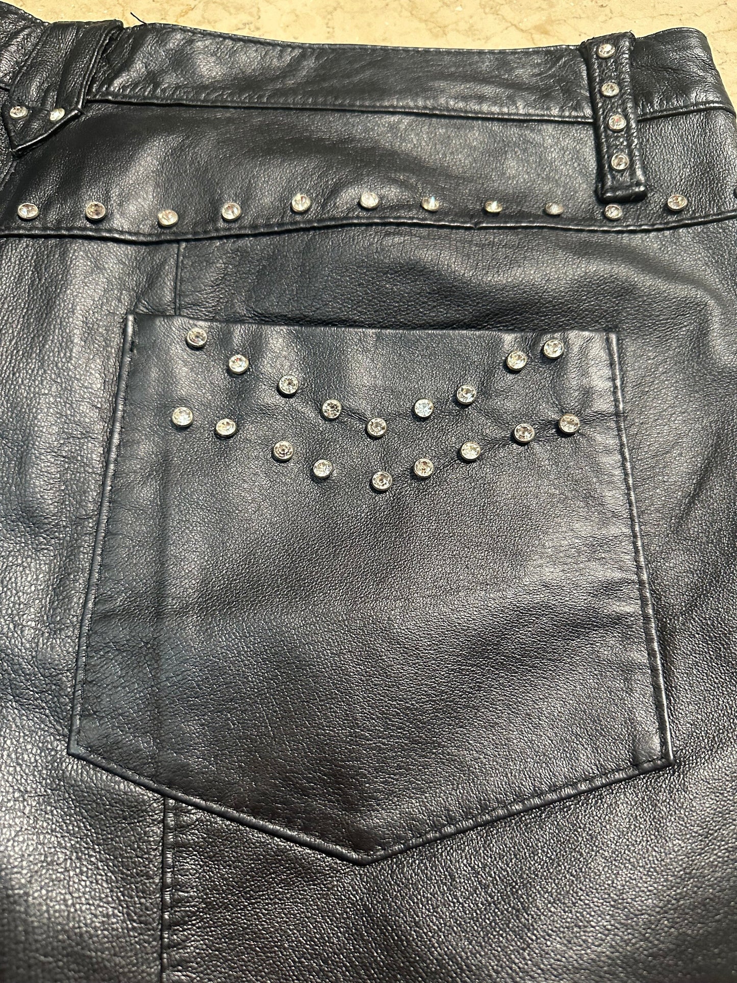 Rocking Black real leather trousers w/ Svarowsky studs, made in Italy 90s sz 33