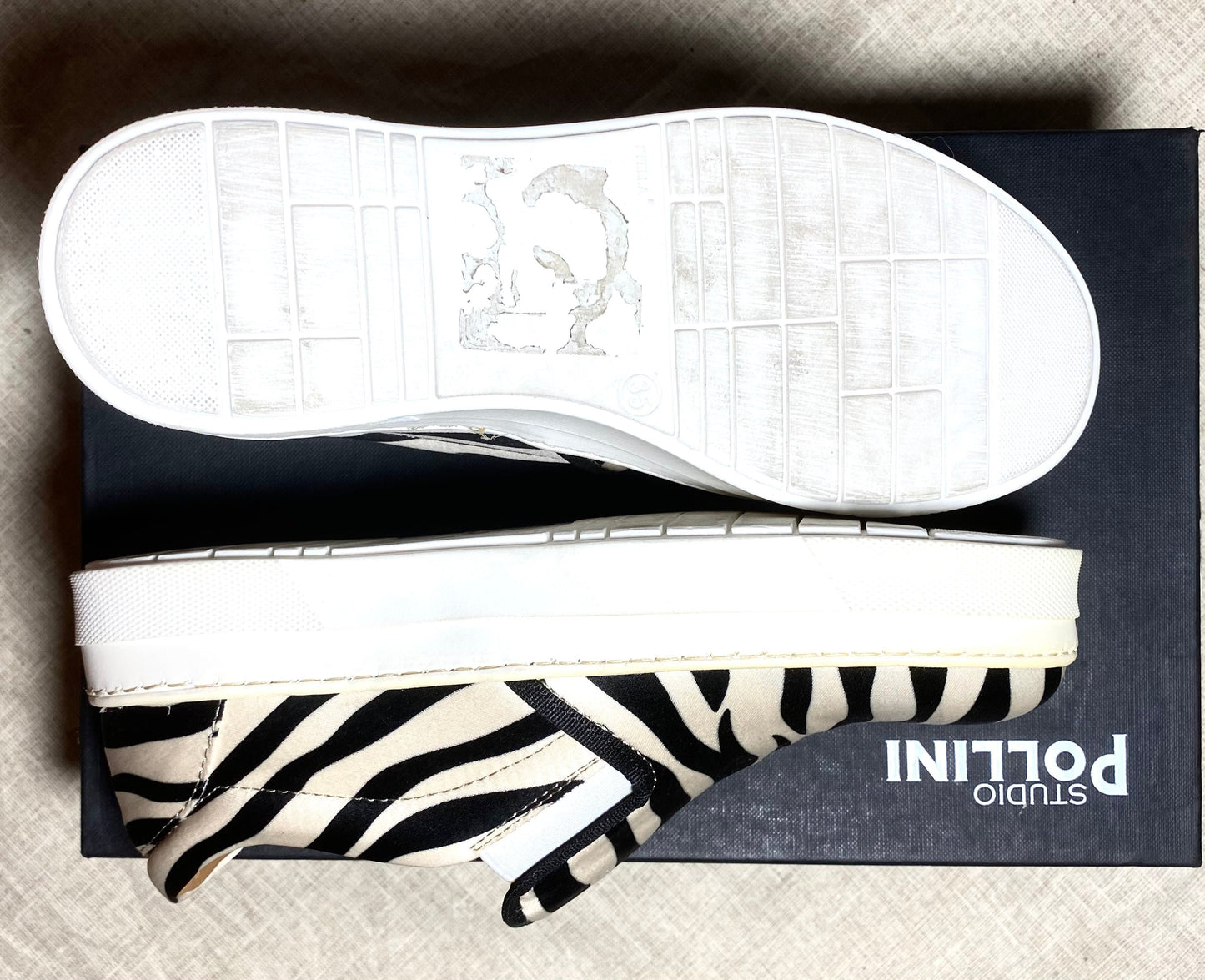Pollini Studio satin zebra animalier slip on sneakers leather sole, brand new