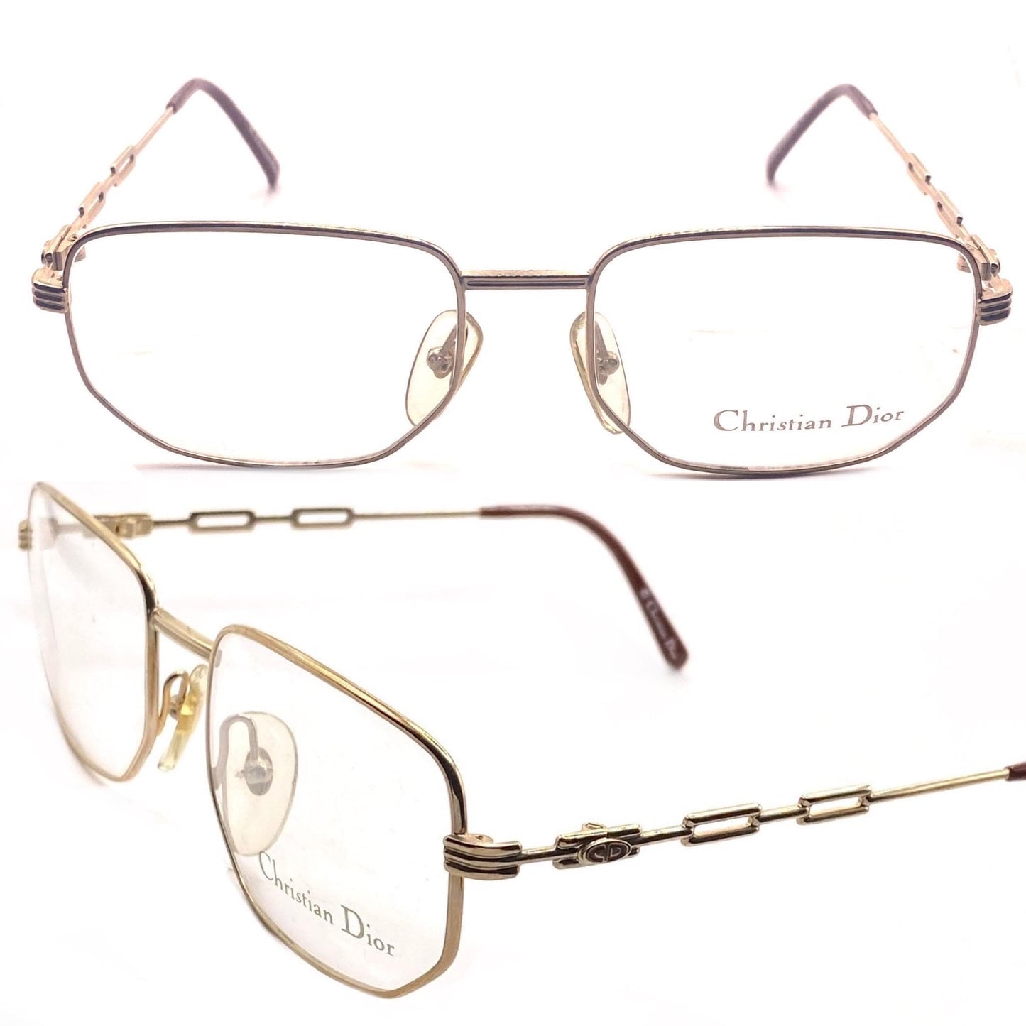 Christian Dior 2664 square gold glasses frames w chain designed temples, NOS 80s Austria, mint