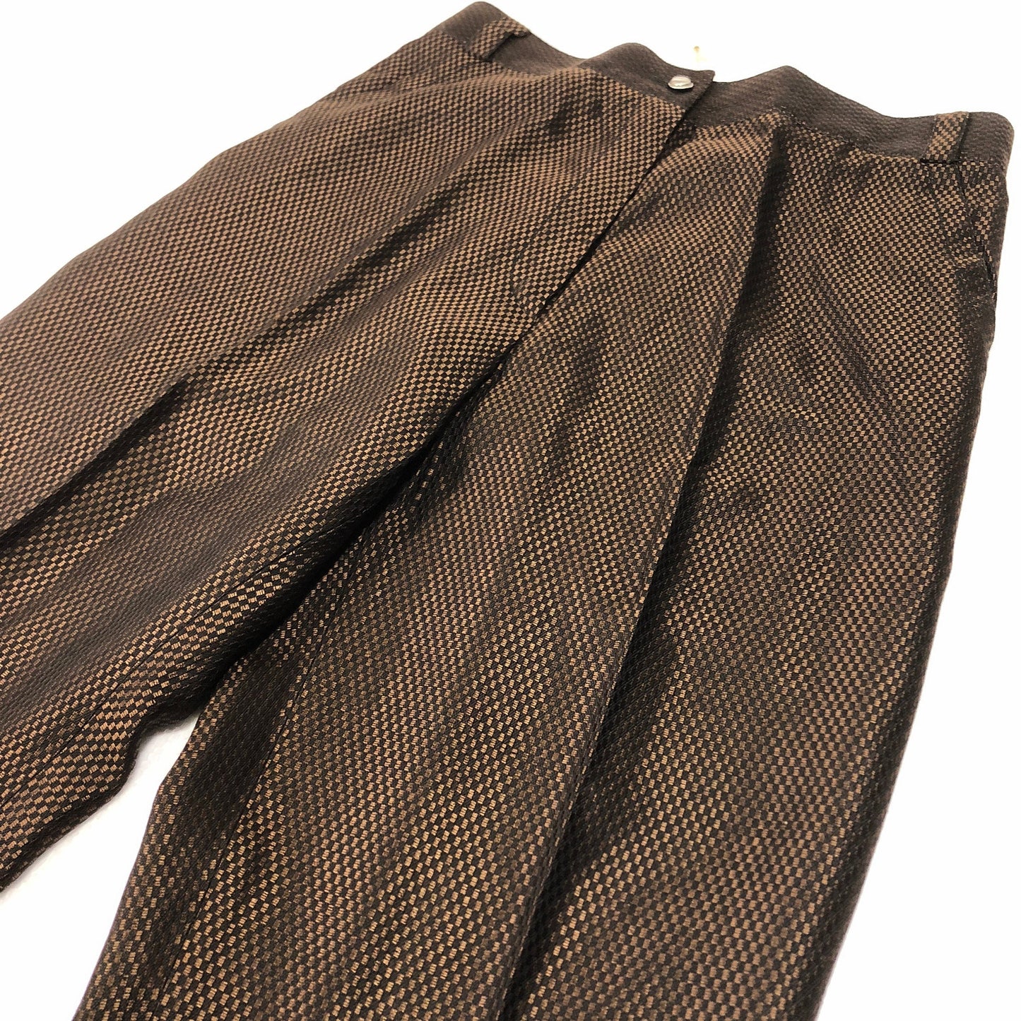 Gianni Versace classy sartorial trousers in brown checkered jacquard viscose, zippered ankles, NOS 80s W Tags