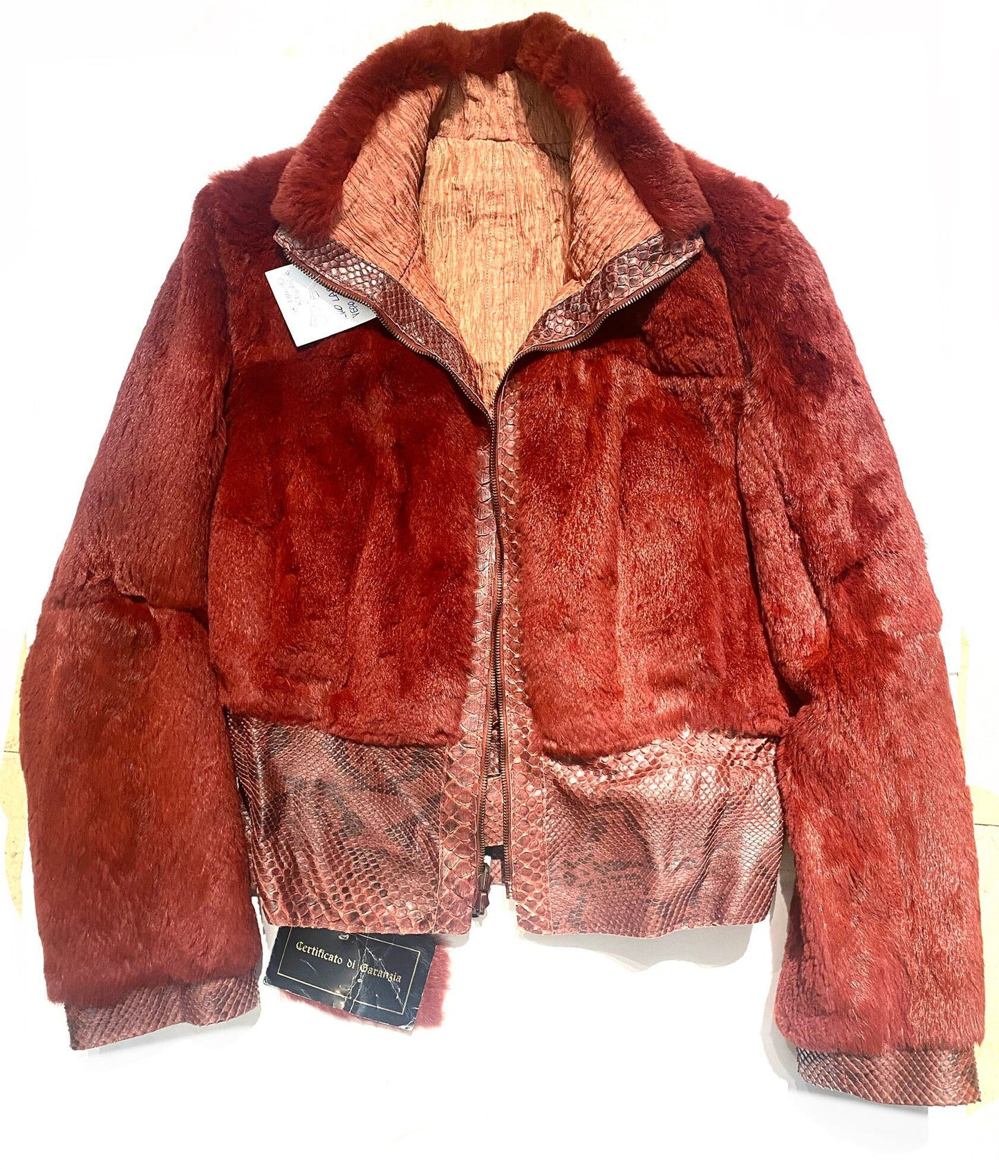 Artisanal 2 in 1 lapin fur / satin crèpe  jacket w python leather details, NOS 90s Italy sz 46