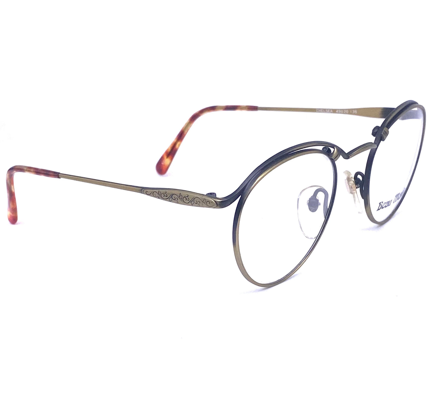 Beau Monde Chelsea luxury round-pantos eyeglasses frames in antiqued brass w- decó style carvings, NoS 80s Japan