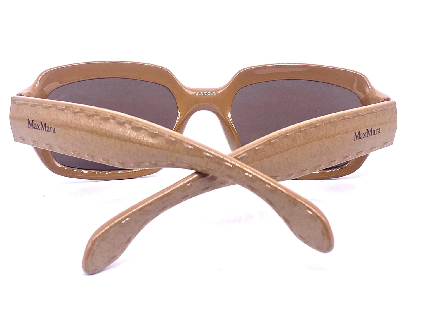 MaxMara fancy beige thick square Optyl sunglasses, temples w embossed stitches detail 90s NOS