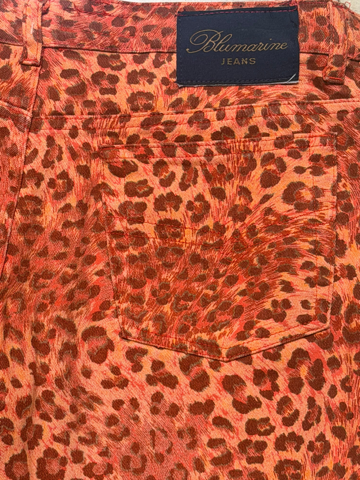 Blumarine bell-bottom animalier jeans w cutoff floral embroidery detailing, mint sz 46 -32US