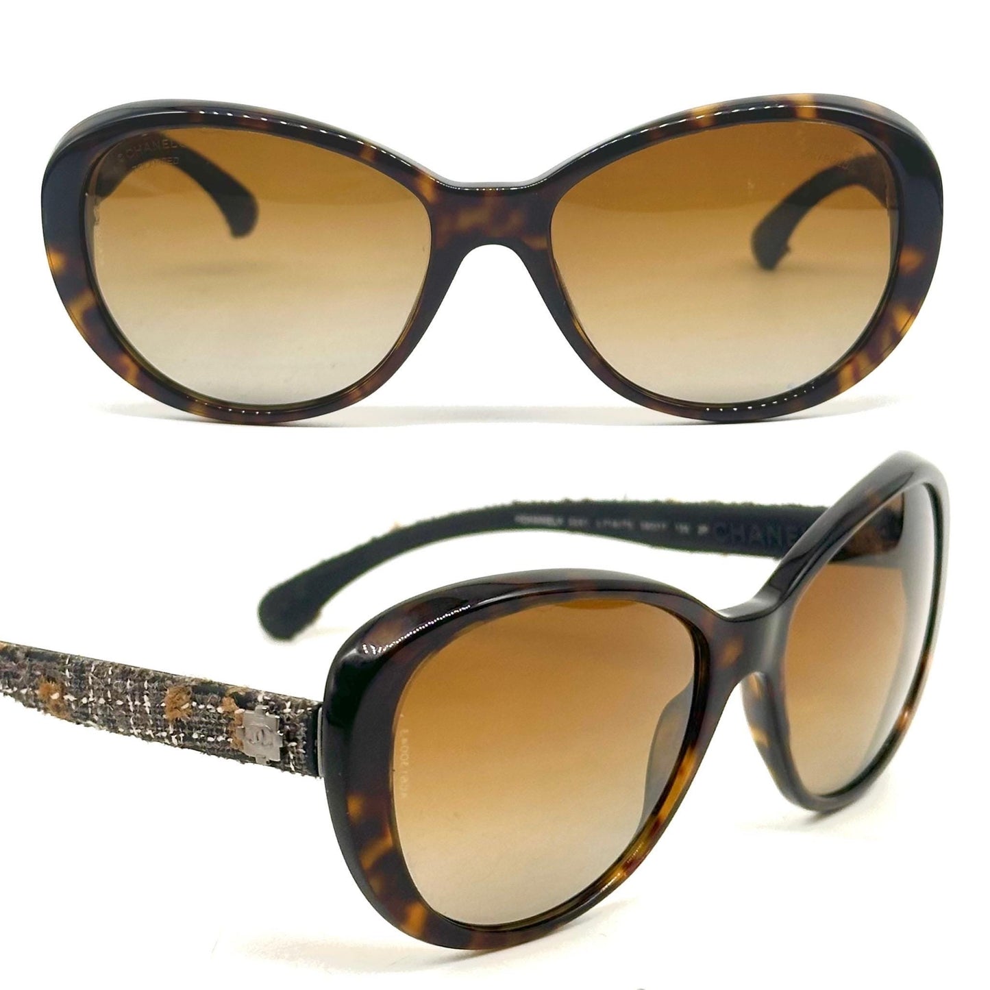 Chanel Tweed Collection 5241 Havana Brown Butterfly Cateye Frame Sunglasses 90s NOS