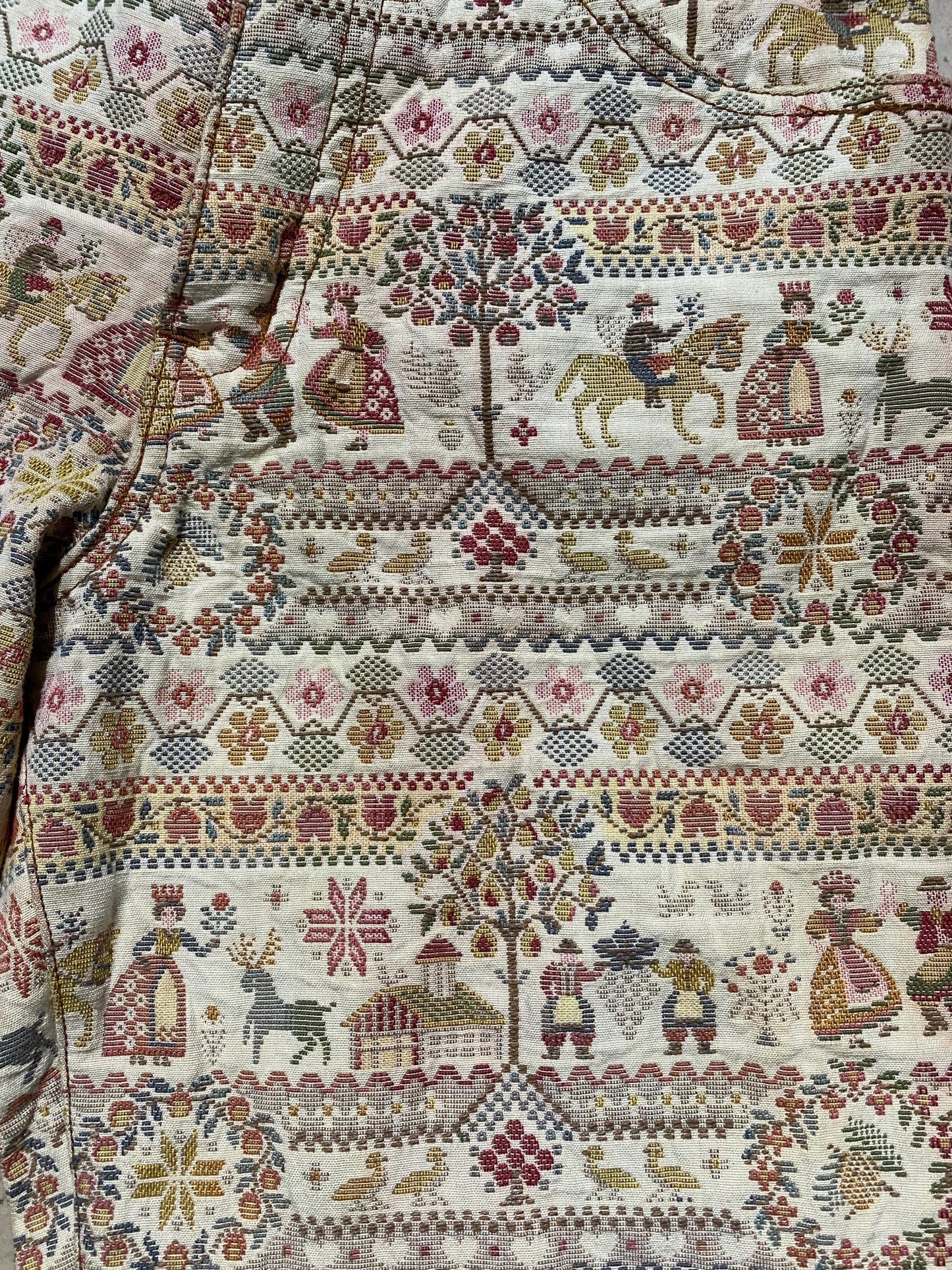 Amaclan Portofino gorgeous beige jacquard trousers w farm Provence scenes allover, mint sz S ladies