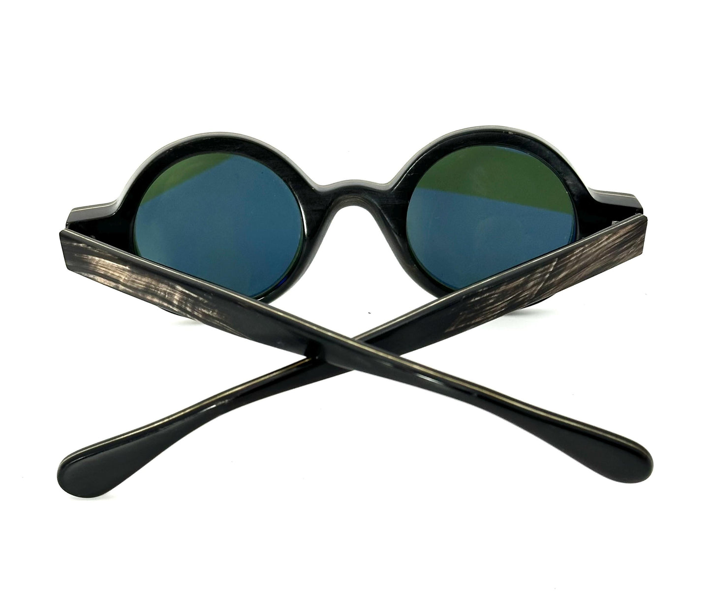 Hoffmann Amalia hand made round buffalo horn sunglasses fitted w green antiglare lenses mint