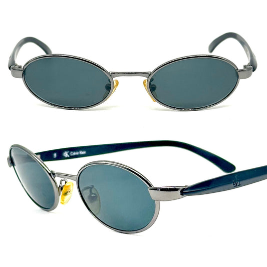Calvin Klein 1010 oval silver metal sunglasses w black cello temples, NoS 90s Italy