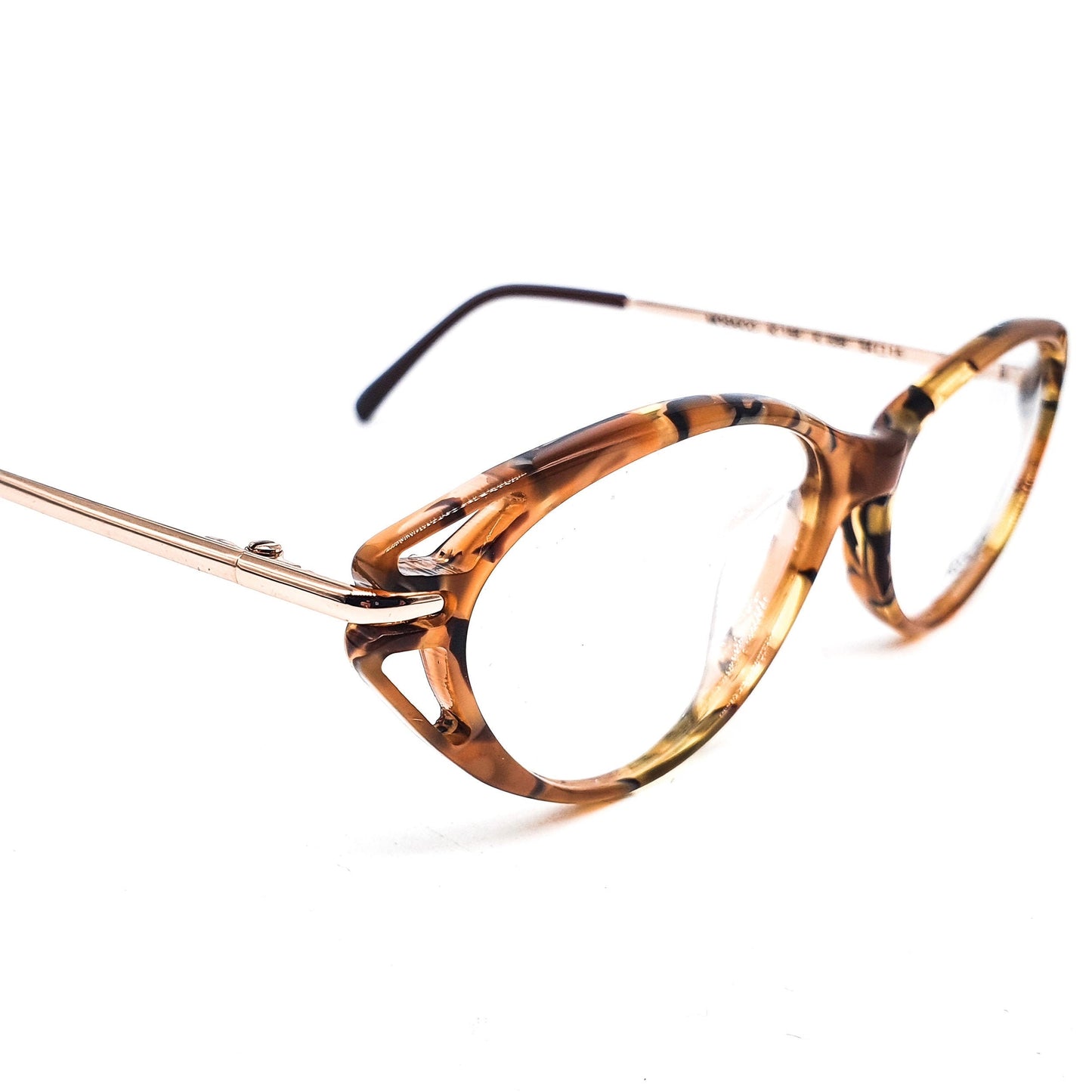 Kenzo k156 mosaico vintage classic cateye style semi amber acetate eyeglasses frames with cut off end part design, 80s France