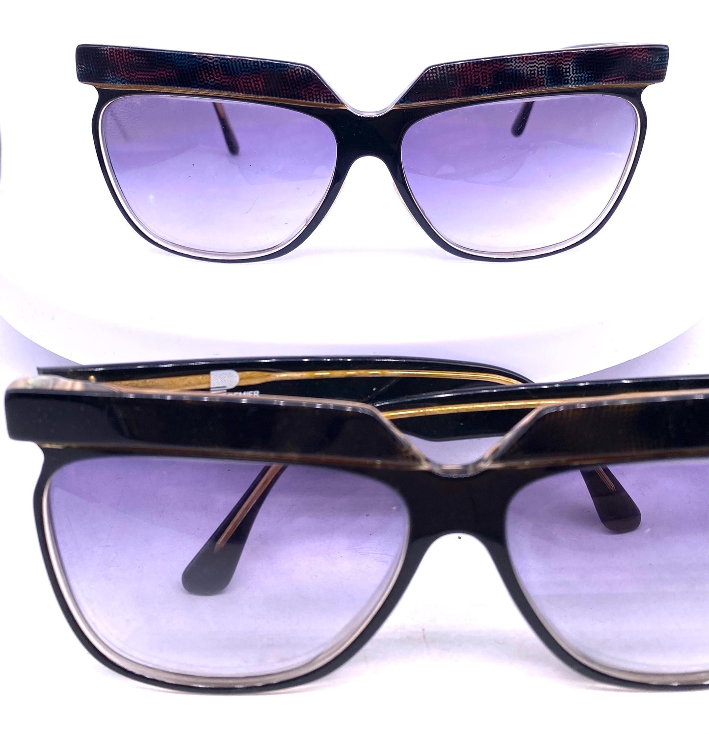 Premier Paris squared butterfly oversized sunglasses w/ glitched pixel art texture in 2 colorways, NOS 80s France