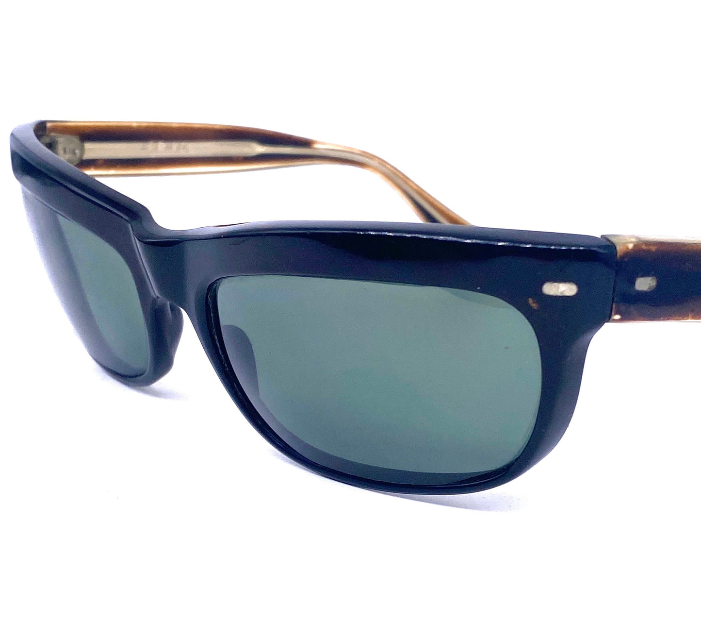 Prixol “Terminator” style sunglasses, sporty black wrap shades with brown temples, 1960s NOS Italy