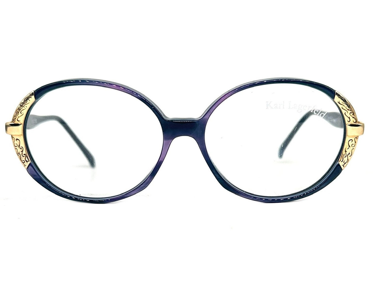 Karl Lagerfeld 80s NOS oval ladies frames, purple pearl cello w/ golden decò carved details, beautiful