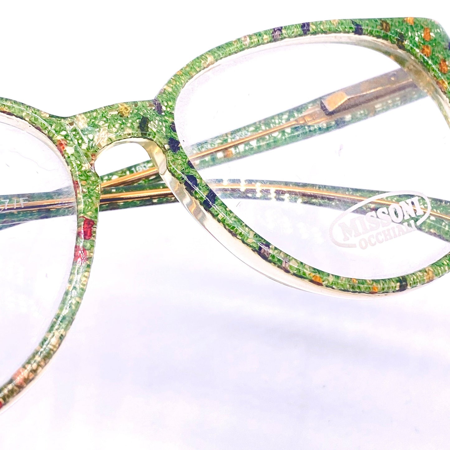 Missoni M507 iconic real fabric inlaid square unisex frames, green base with multicolor dots, NOS 80z
