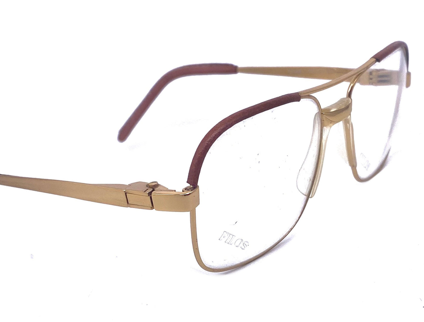 Filos dbl bridge square golden metal aviator frames with leather inserts, NOS 80s hand made in Italy