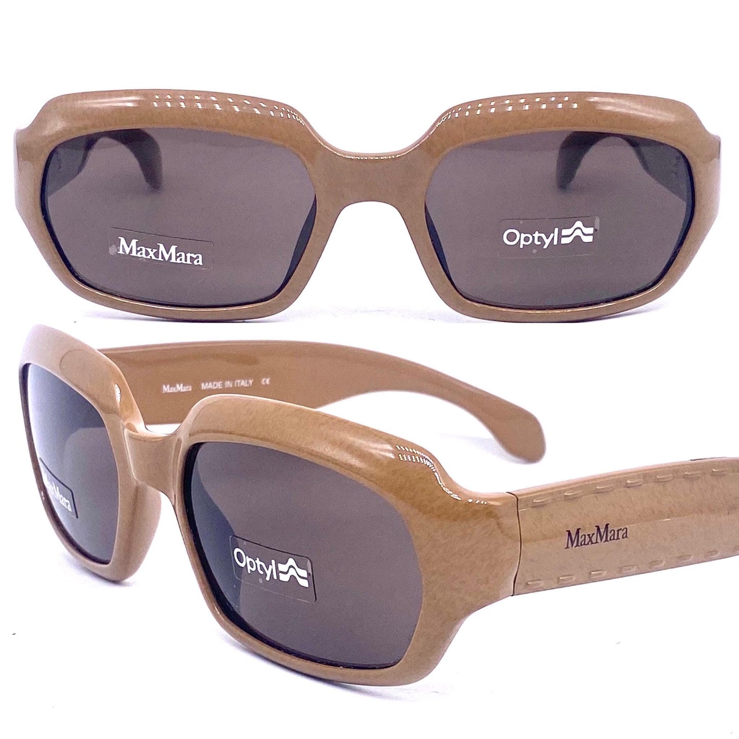 MaxMara fancy beige thick square Optyl sunglasses, temples w embossed stitches detail 90s NOS