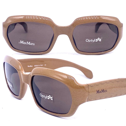 MaxMara fancy beige thick square Optyl sunglasses, temples w embossed stitches detail 90s NOS