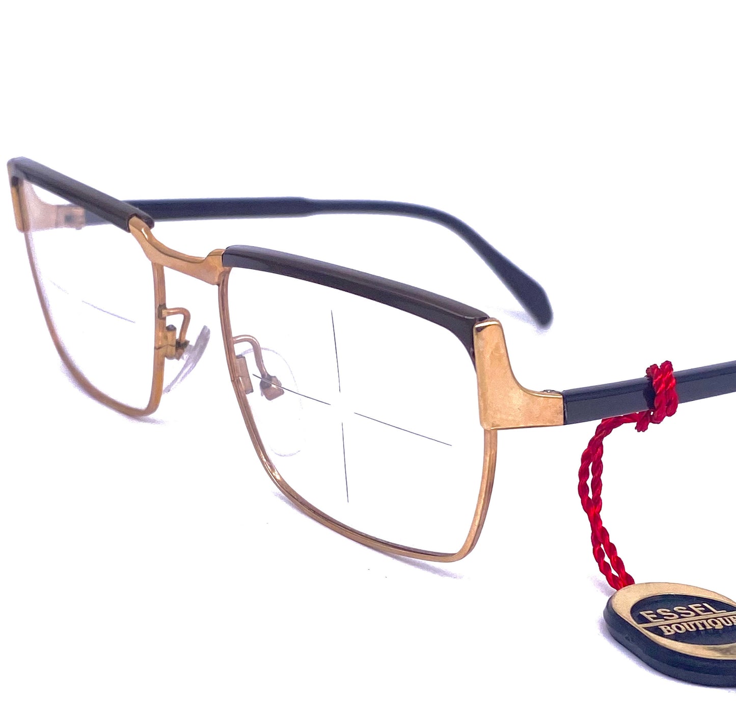 Essel Boutique NOS 60s square gold frames w dark brown coating on the brows and temples, with tag